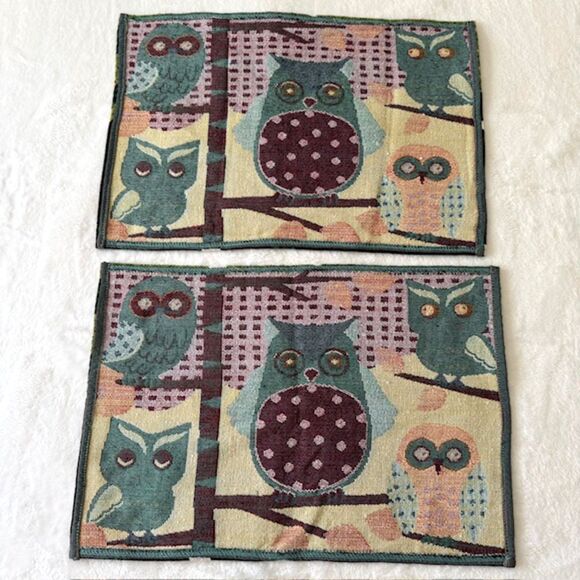 Set of 2 Owl Tapestry Placemats Woodland Boho Folk Art Woven Table Decor VTG - Picture 4 of 6